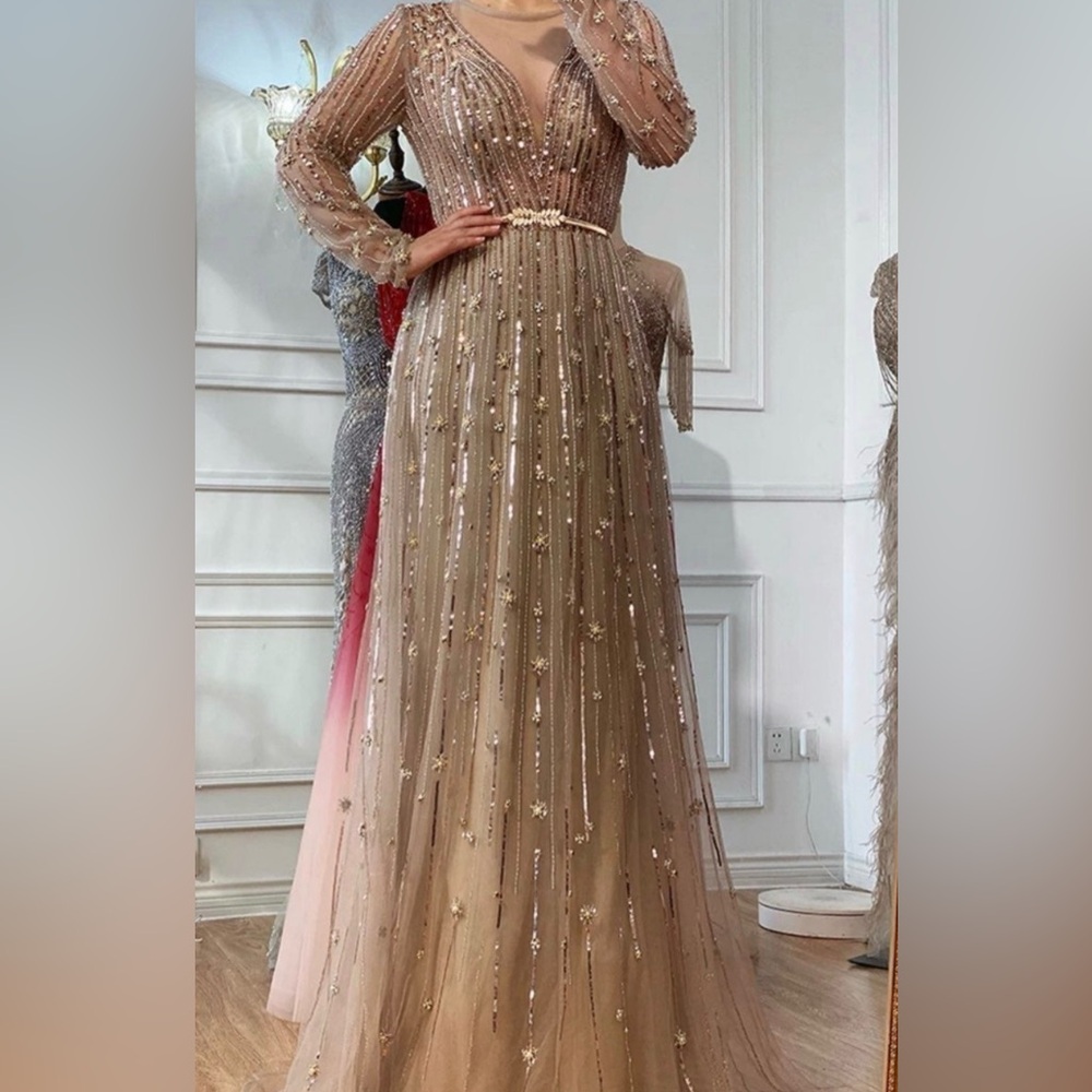 Womens Formal Gold Long Sleeves Beaded Prom Homecoming Evening Dress Size 4-6